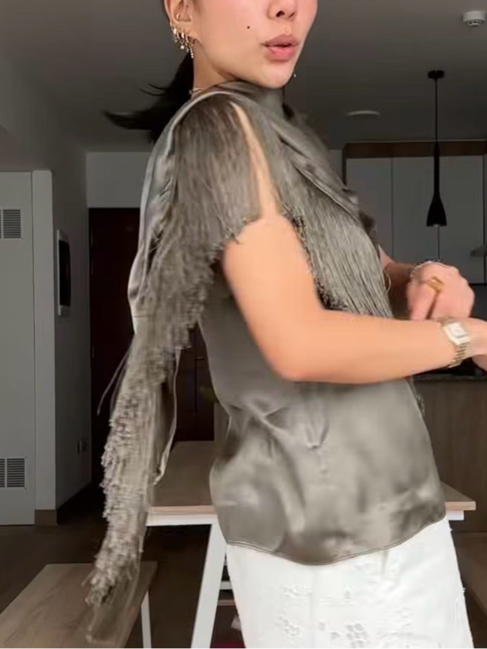 Banana Republic Womens Silky Crepe Fringe Top, Size XS Small Olive Green, NWT - Picture 9 of 11